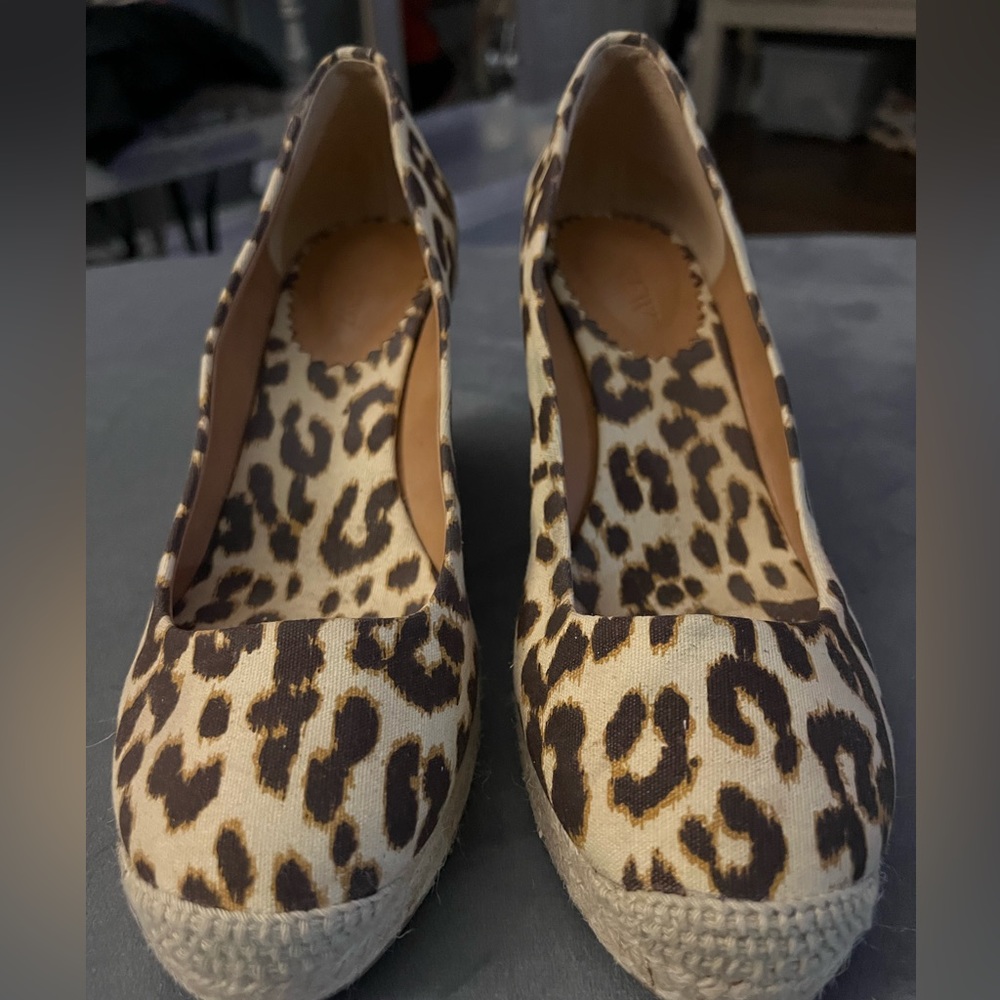 J.CREW Women's Seville Espadrille Wedges Shoes Leopard Canvas Size 7.5